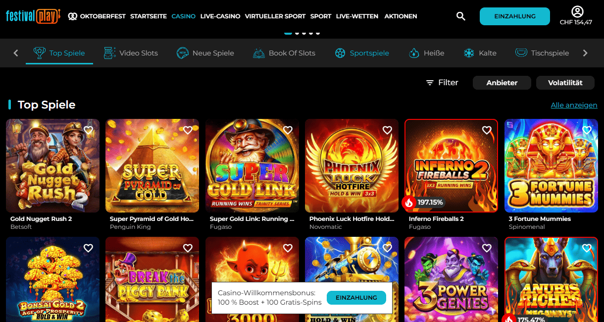 Festival Play Casino Spielelobby mit der Kategorie Top Spiele und Slots wie Gold Nugget Rush 2 und Inferno Fireballs 2