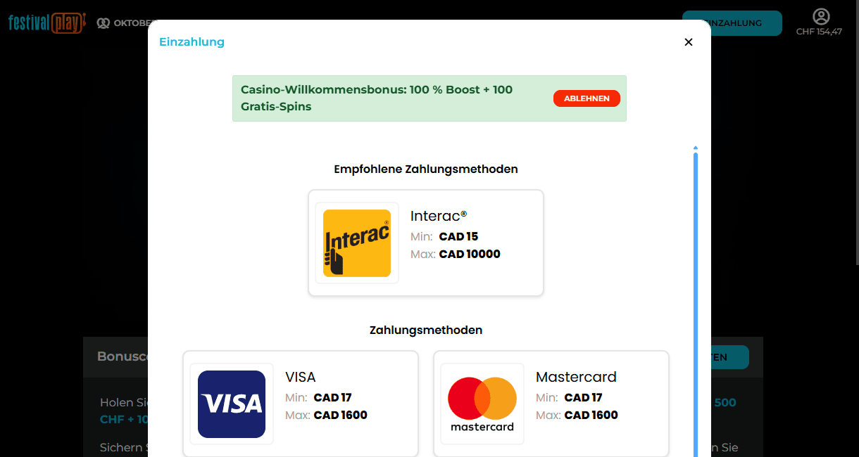 Festival Play Einzahlungsfenster mit den Zahlungsmethoden Interac, Visa und Mastercard samt Mindest- und Höchstbeträgen